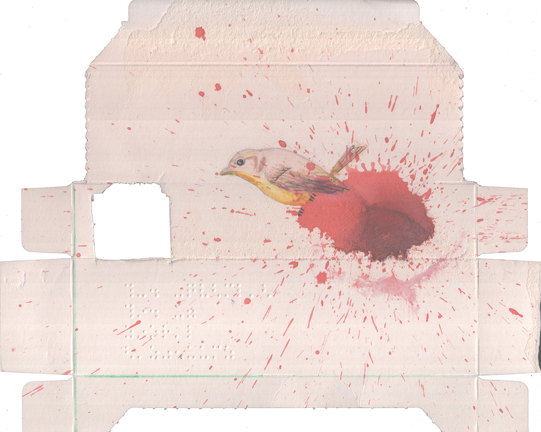 Obra 0188 de Mariano Luque - Proyecto 180º arte y leucemia - Tinta sobre envase de medicina - 2018